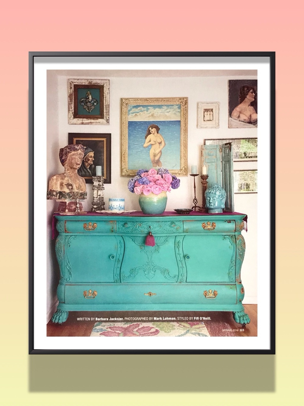 Turquoise Vintage Dresser Art Print with Pink Floral Accent